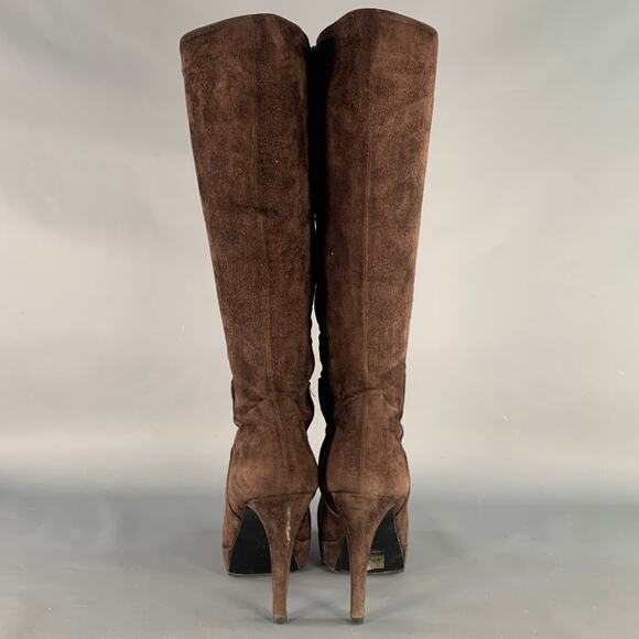 BARNEY'S CO-OP Size 9 Brown Suede Calf High Platform Stiletto Boots - Picture 3 of 8